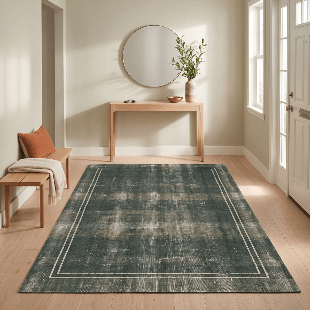 Cicely Modern Minimalist Border Abrash Forest Green Moss Bone Washable Indoor Outdoor Entryway Rug - RugzellaDigital Print RugRugzellaRugzellaBBB522-RECT-24x47-60x120cmRGZLLA158341Rectangle2' x 3'11" (60x120 cm)RECTANGLE | Cicely rectangle entryway