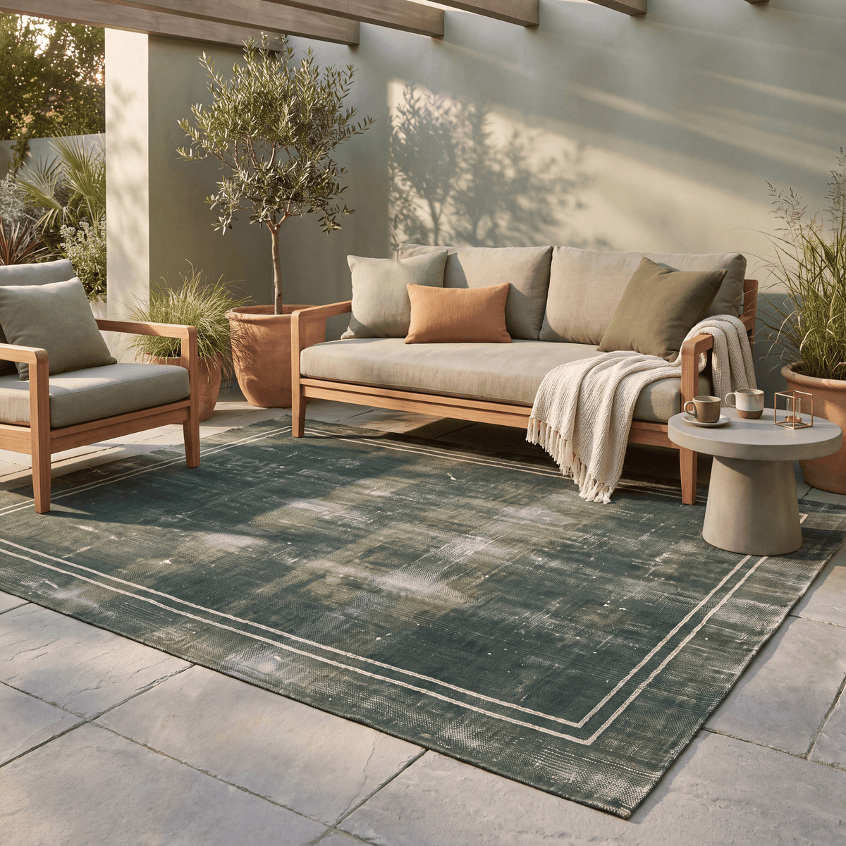 The rug laid flat on a patio beside outdoor seating.