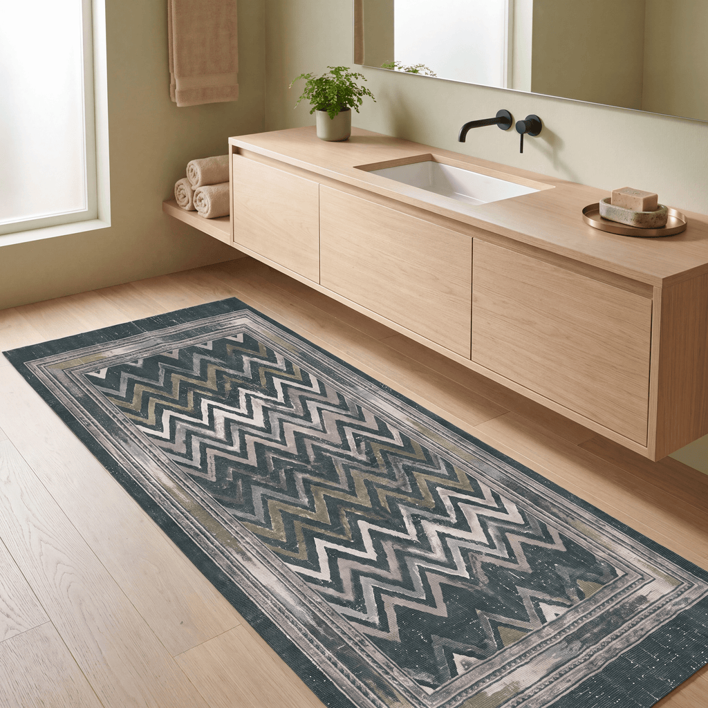 Cinder2 Modern Brushstroke Stripe Green Moss Bone Washable Indoor Outdoor Rug - RugzellaDigital Print RugRugzellaRugzellaBBB379-RECT-24x47-60x120cmRGZLLA110101Rectangle2' x 3'11" (60x120 cm)RUNNER | Cinder2 runner bathroom