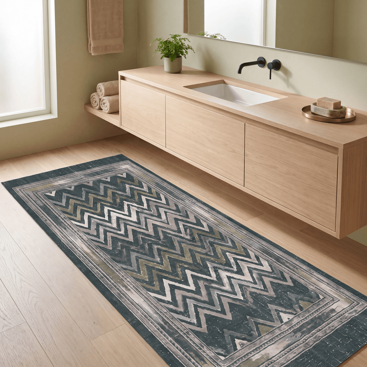 Cinder2 Modern Brushstroke Stripe Green Moss Bone Washable Indoor Outdoor Rug - RugzellaDigital Print RugRugzellaRugzellaBBB379-RECT-24x47-60x120cmRGZLLA110101Rectangle2' x 3'11" (60x120 cm)RUNNER | Cinder2 runner bathroom