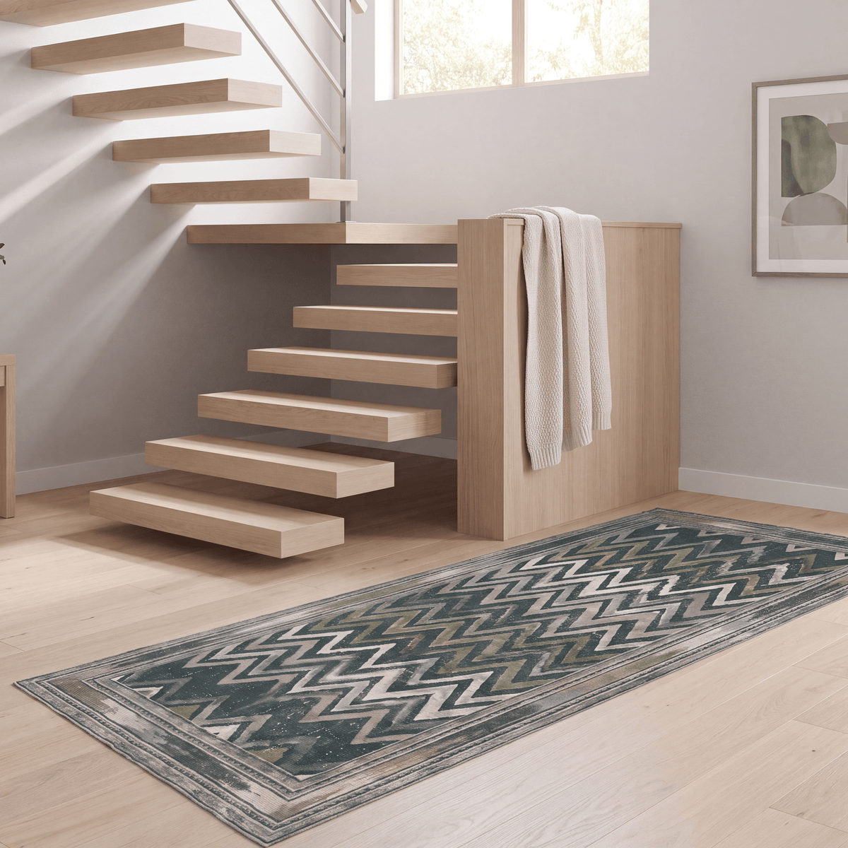 Cinder2 Modern Brushstroke Stripe Green Moss Bone Washable Indoor Outdoor Rug - RugzellaDigital Print RugRugzellaRugzellaBBB379-RECT-24x47-60x120cmRGZLLA110101Rectangle2' x 3'11" (60x120 cm)RUNNER | Cinder2 runner staircase