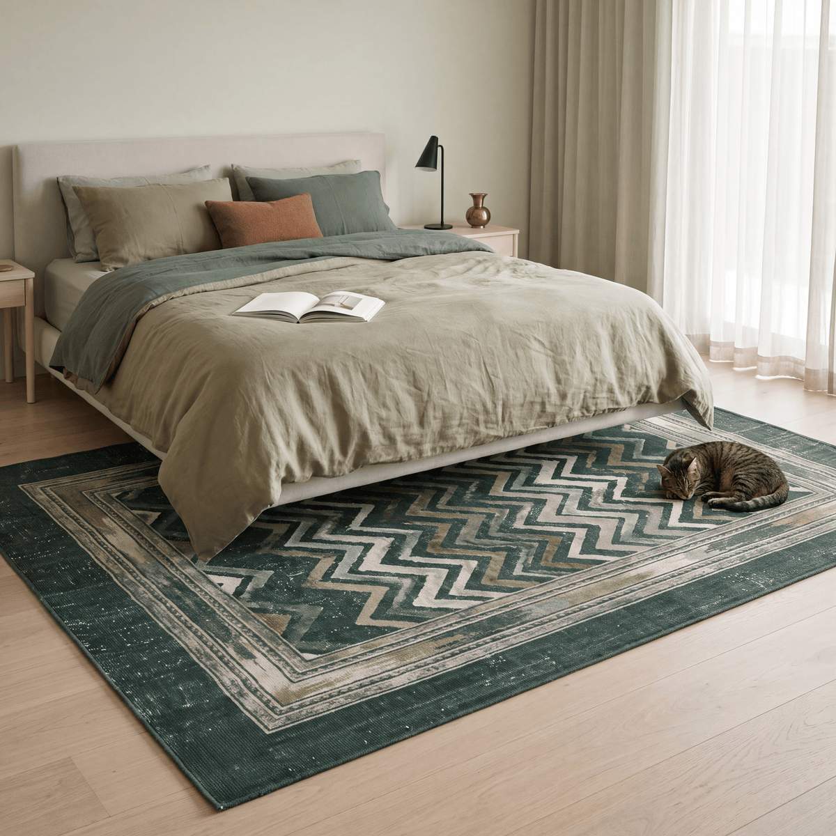 The rug at the foot of a bed with a cat asleep on it.