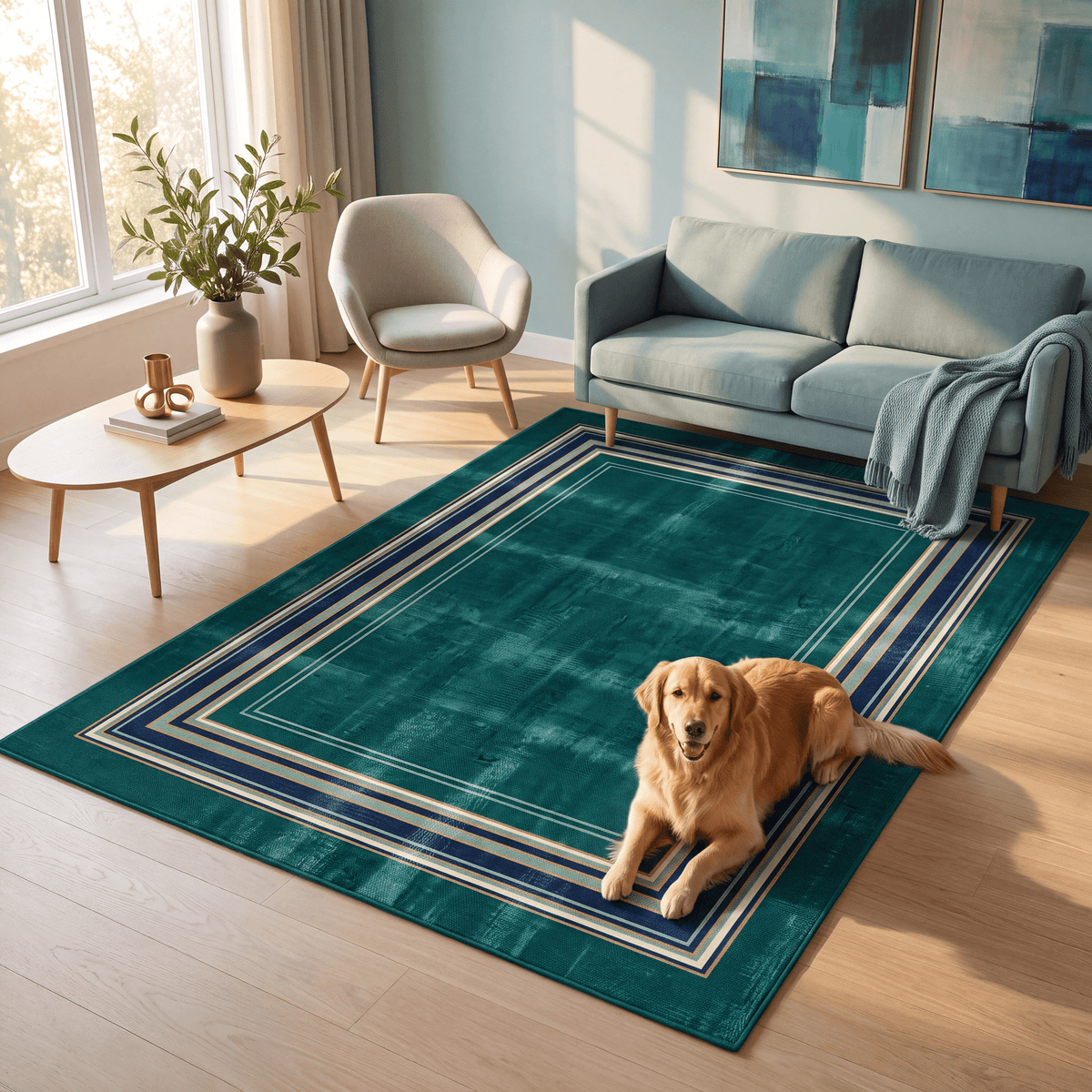 A dog resting on the rug in a living room.