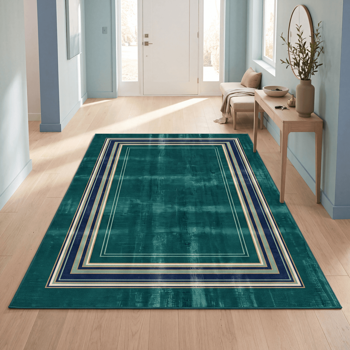 Cistus Modern Minimalist Border Abrash Emerald Teal Ink Washable Indoor Outdoor Entryway Rug - RugzellaDigital Print RugRugzellaRugzellaBBB523-RECT-24x47-60x120cmRGZLLA158676Rectangle2' x 3'11" (60x120 cm)RECTANGLE | Cistus rectangle entryway