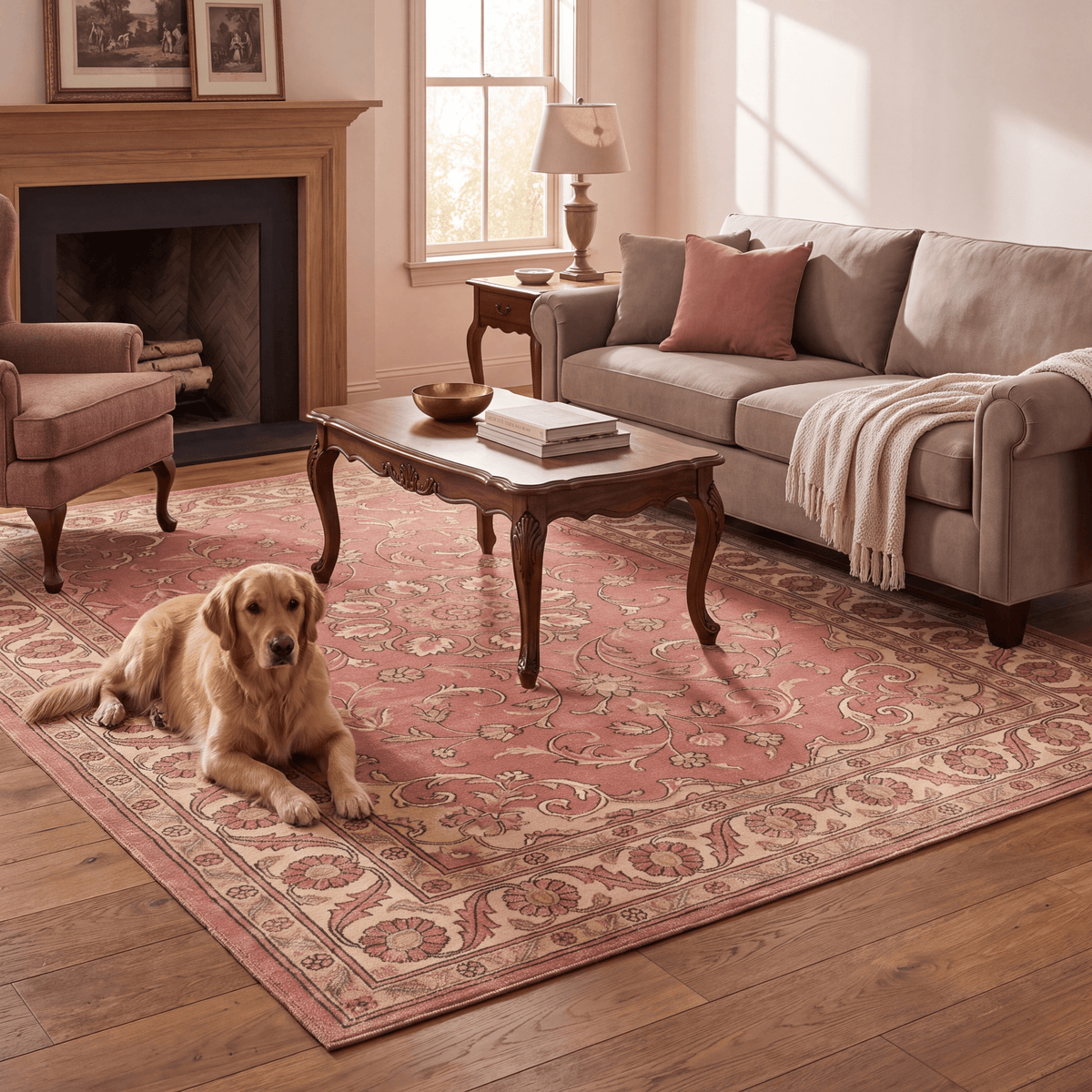A dog resting on the rug in a living room.