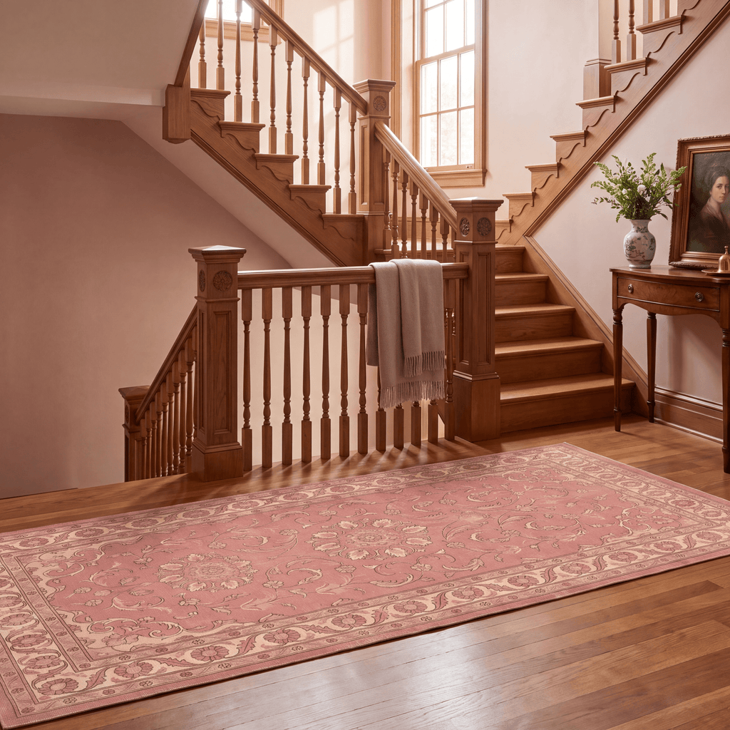 Citadel2 Traditional Medallion Border Rose Madder Cream Washable Indoor Outdoor Entryway Rug - RugzellaDigital Print RugRugzellaRugzellaBBB398-RECT-24x47-60x120cmRGZLLA135896Rectangle2' x 3'11" (60x120 cm)RUNNER | Citadel2 runner staircase