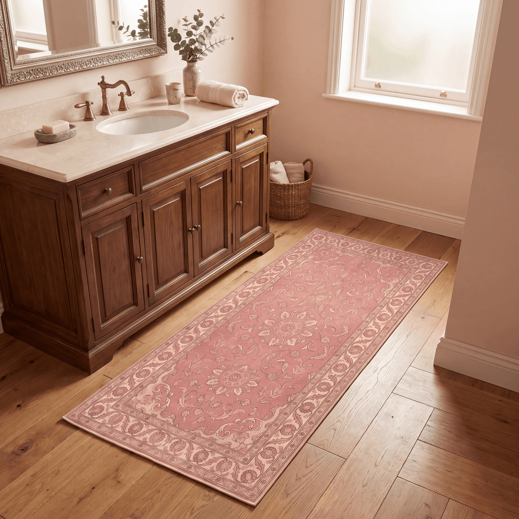 Citadel2 Traditional Medallion Border Rose Madder Cream Washable Indoor Outdoor Entryway Rug - RugzellaDigital Print RugRugzellaRugzellaBBB398-RECT-24x47-60x120cmRGZLLA135896Rectangle2' x 3'11" (60x120 cm)RUNNER | Citadel2 runner bathroom