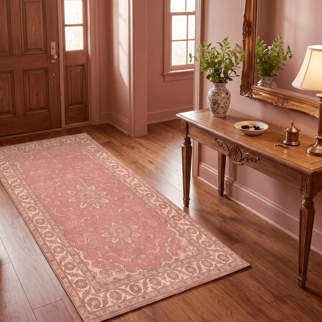 Citadel2 Traditional Medallion Border Rose Madder Cream Washable Indoor Outdoor Entryway Rug - RugzellaDigital Print RugRugzellaRugzellaBBB398-RECT-24x47-60x120cmRGZLLA135896Rectangle2' x 3'11" (60x120 cm)RUNNER | Citadel2 runner entryway