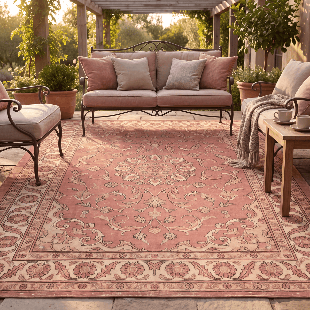 The rug laid flat on a patio beside outdoor seating.