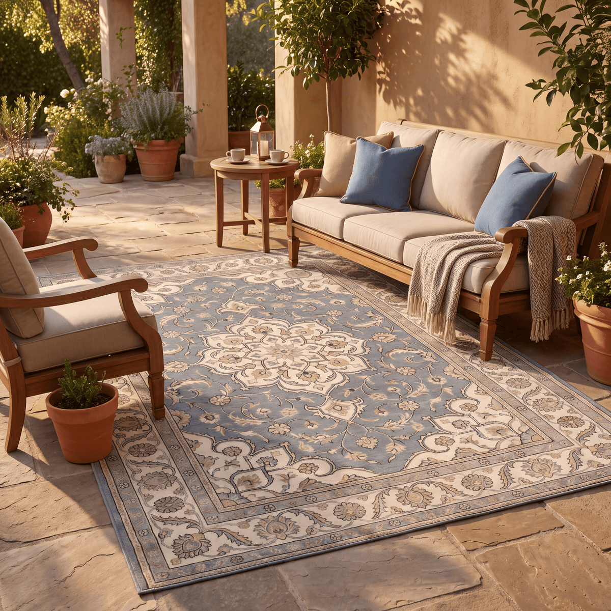 The rug laid flat on a patio beside outdoor seating.