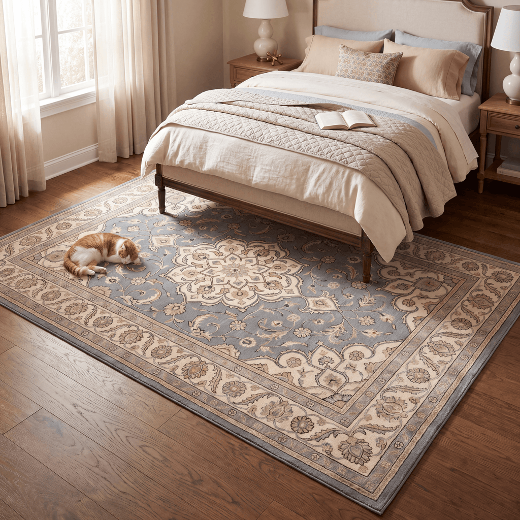 Clematis Traditional Oriental Style Medallion Slate Bone Gold Washable Indoor Outdoor Entryway Rug - RugzellaDigital Print RugRugzellaRugzellaBBB525-RECT-24x47-60x120cmRGZLLA159346Rectangle2' x 3'11" (60x120 cm)RECTANGLE | Clematis rectangle bedroom
