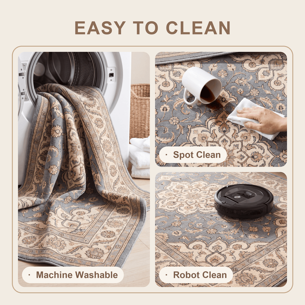 Clematis Traditional Oriental Style Medallion Slate Bone Gold Washable Indoor Outdoor Entryway Rug - RugzellaDigital Print RugRugzellaRugzellaBBB525-RECT-24x47-60x120cmRGZLLA159346Rectangle2' x 3'11" (60x120 cm)SHARED | Clematis feature clean