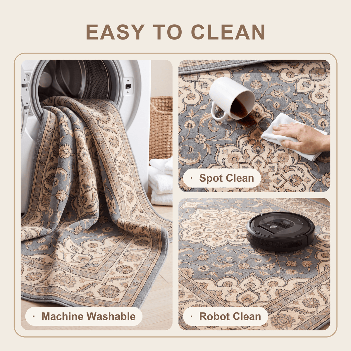 Clematis Traditional Oriental Style Medallion Slate Bone Gold Washable Indoor Outdoor Entryway Rug - RugzellaDigital Print RugRugzellaRugzellaBBB525-RECT-24x47-60x120cmRGZLLA159346Rectangle2' x 3'11" (60x120 cm)SHARED | Clematis feature clean