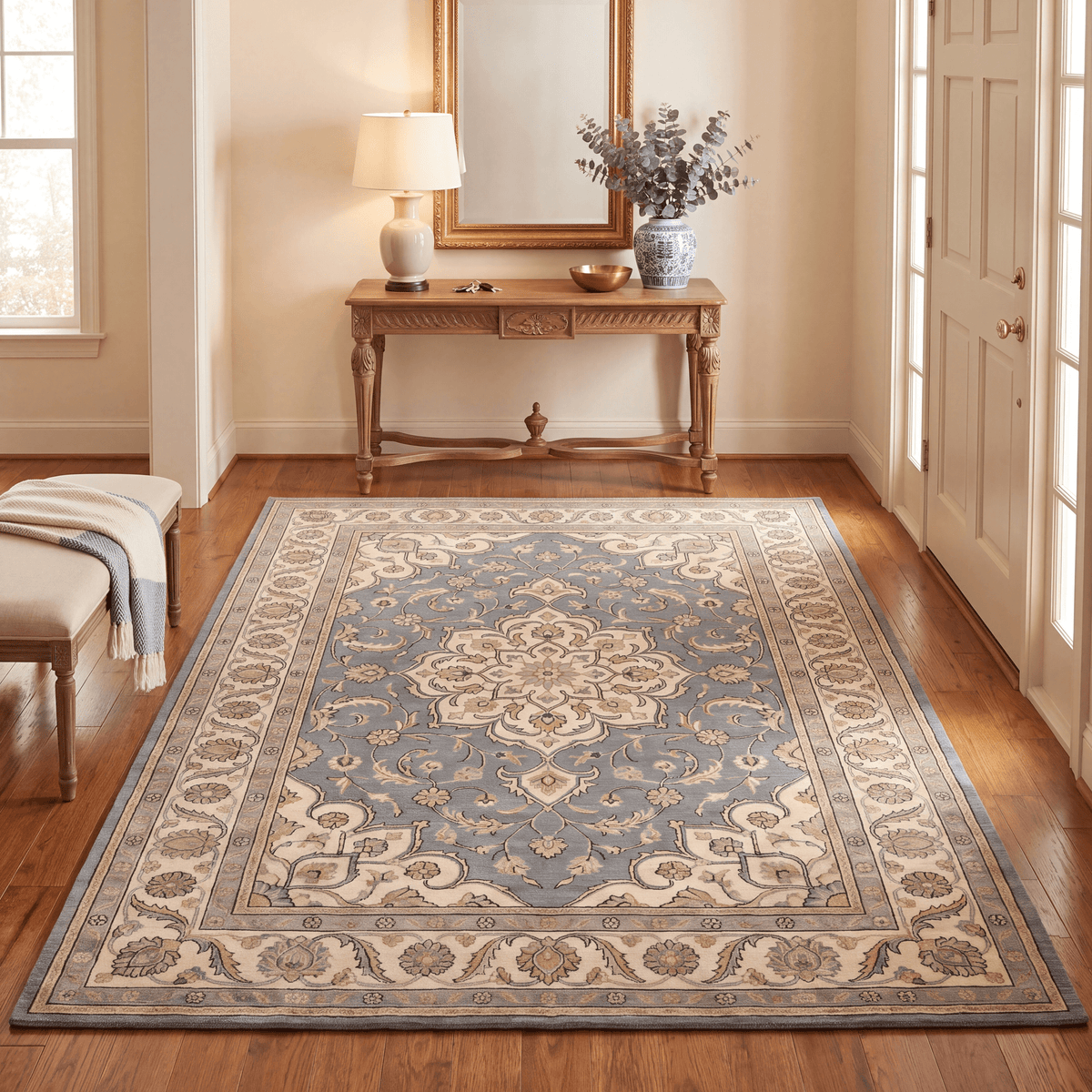 Clematis Traditional Oriental Style Medallion Slate Bone Gold Washable Indoor Outdoor Entryway Rug - RugzellaDigital Print RugRugzellaRugzellaBBB525-RECT-24x47-60x120cmRGZLLA159346Rectangle2' x 3'11" (60x120 cm)RECTANGLE | Clematis rectangle entryway