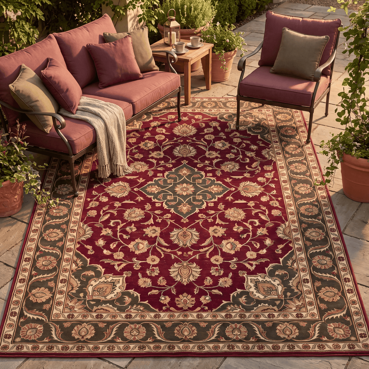 The rug laid flat on a patio beside outdoor seating.