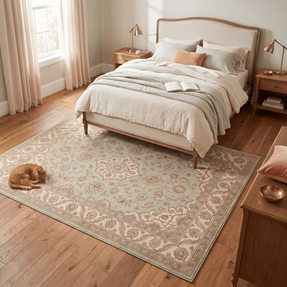 The rug at the foot of a bed with a cat asleep on it.