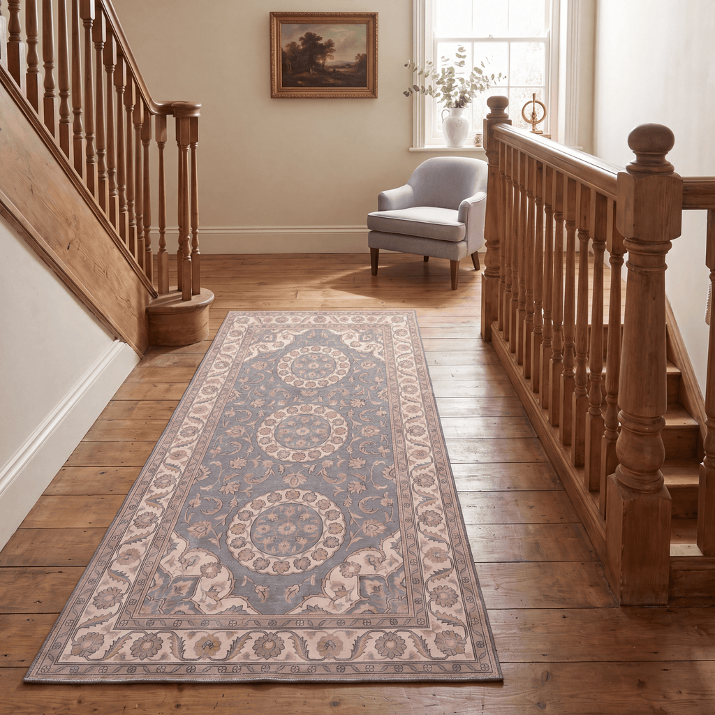 Coppice2 Traditional Medallion Border Slate Gray Bone Gold Washable Indoor Outdoor Entryway Rug - RugzellaDigital Print RugRugzellaRugzellaBBB411-RECT-24x47-60x120cmRGZLLA136231Rectangle2' x 3'11" (60x120 cm)RUNNER | Coppice2 runner staircase