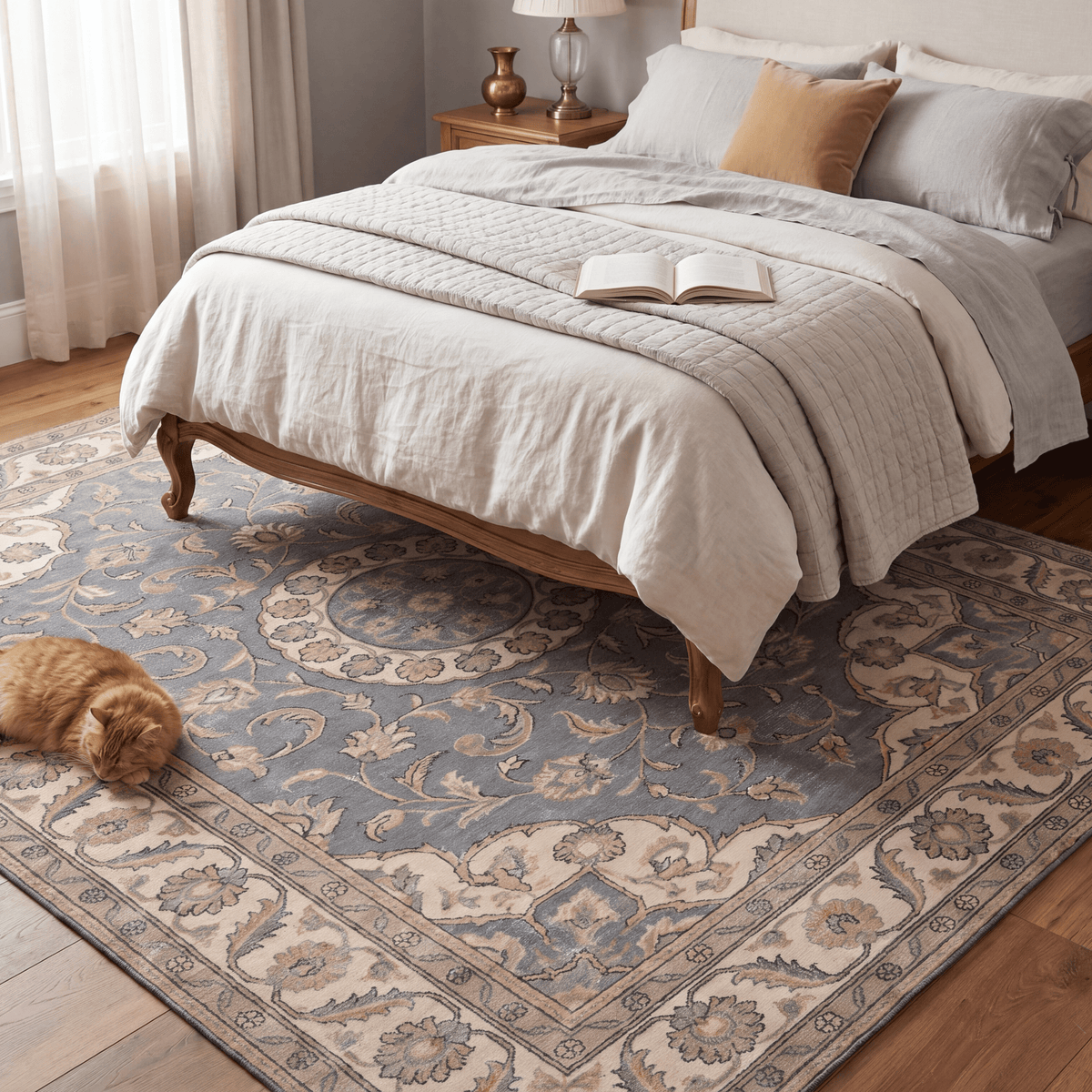 The rug at the foot of a bed with a cat asleep on it.