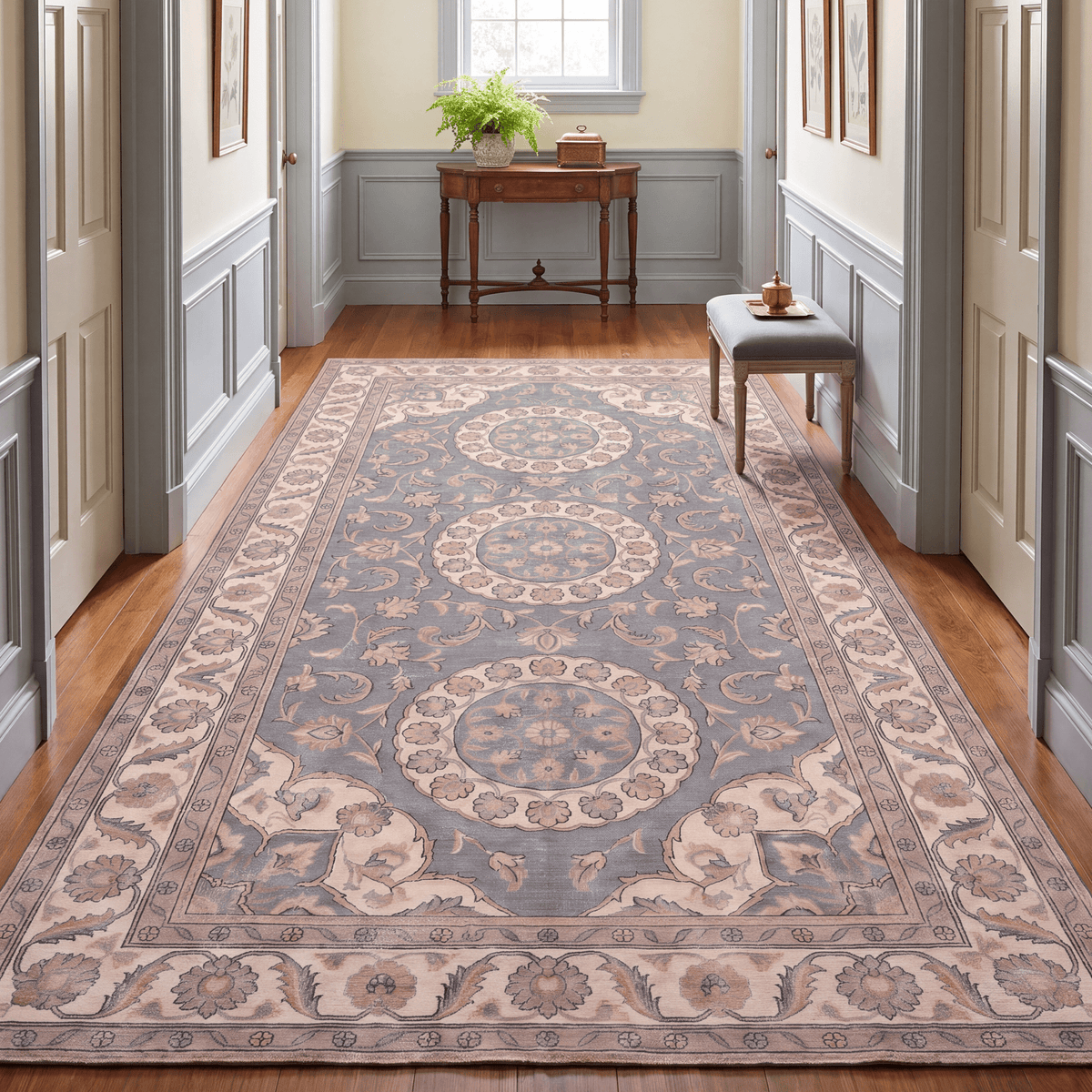 Coppice2 Traditional Medallion Border Slate Gray Bone Gold Washable Indoor Outdoor Entryway Rug - RugzellaDigital Print RugRugzellaRugzellaBBB411-RECT-24x47-60x120cmRGZLLA136231Rectangle2' x 3'11" (60x120 cm)RUNNER | Coppice2 runner hallway