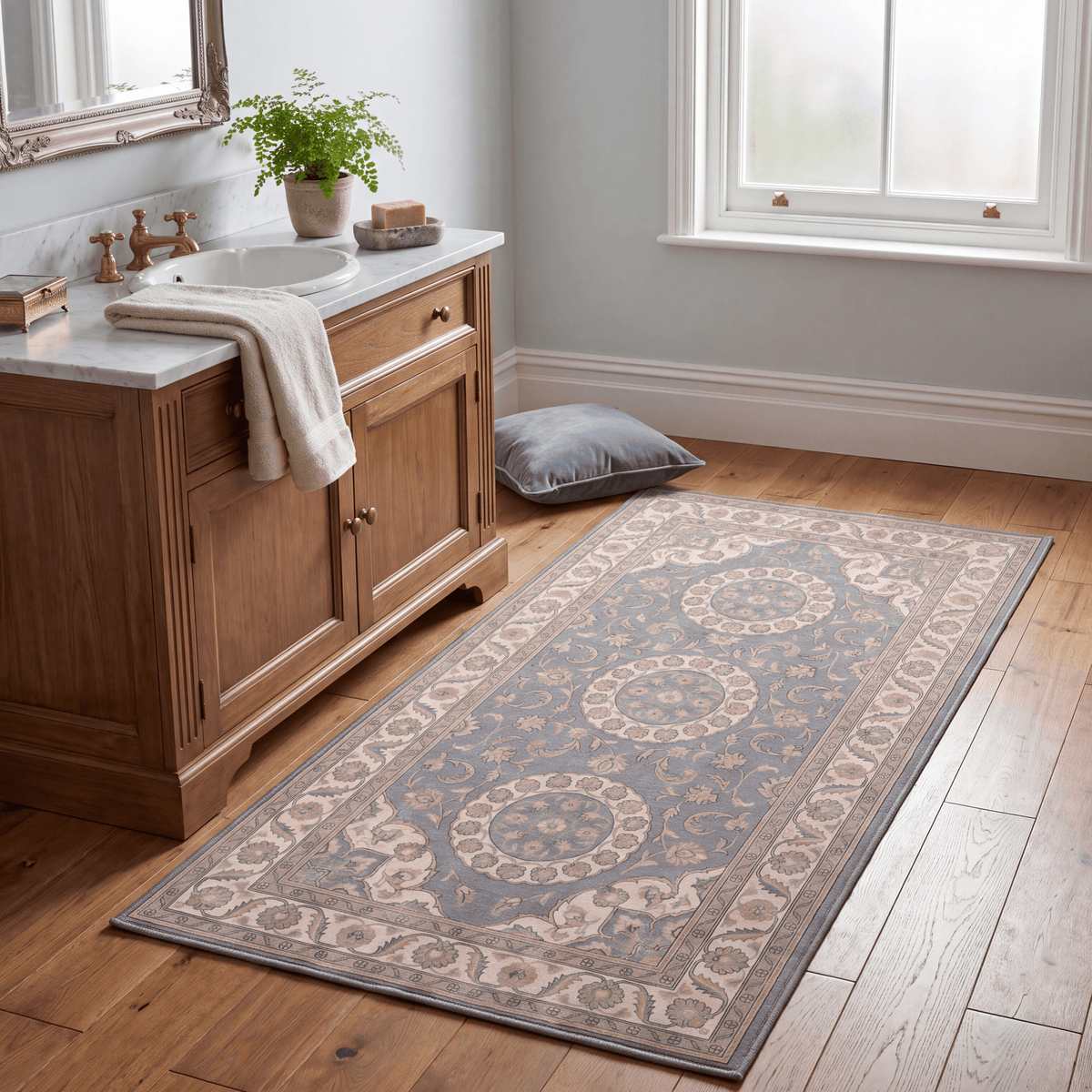 Coppice2 Traditional Medallion Border Slate Gray Bone Gold Washable Indoor Outdoor Entryway Rug - RugzellaDigital Print RugRugzellaRugzellaBBB411-RECT-24x47-60x120cmRGZLLA136231Rectangle2' x 3'11" (60x120 cm)RUNNER | Coppice2 runner bathroom