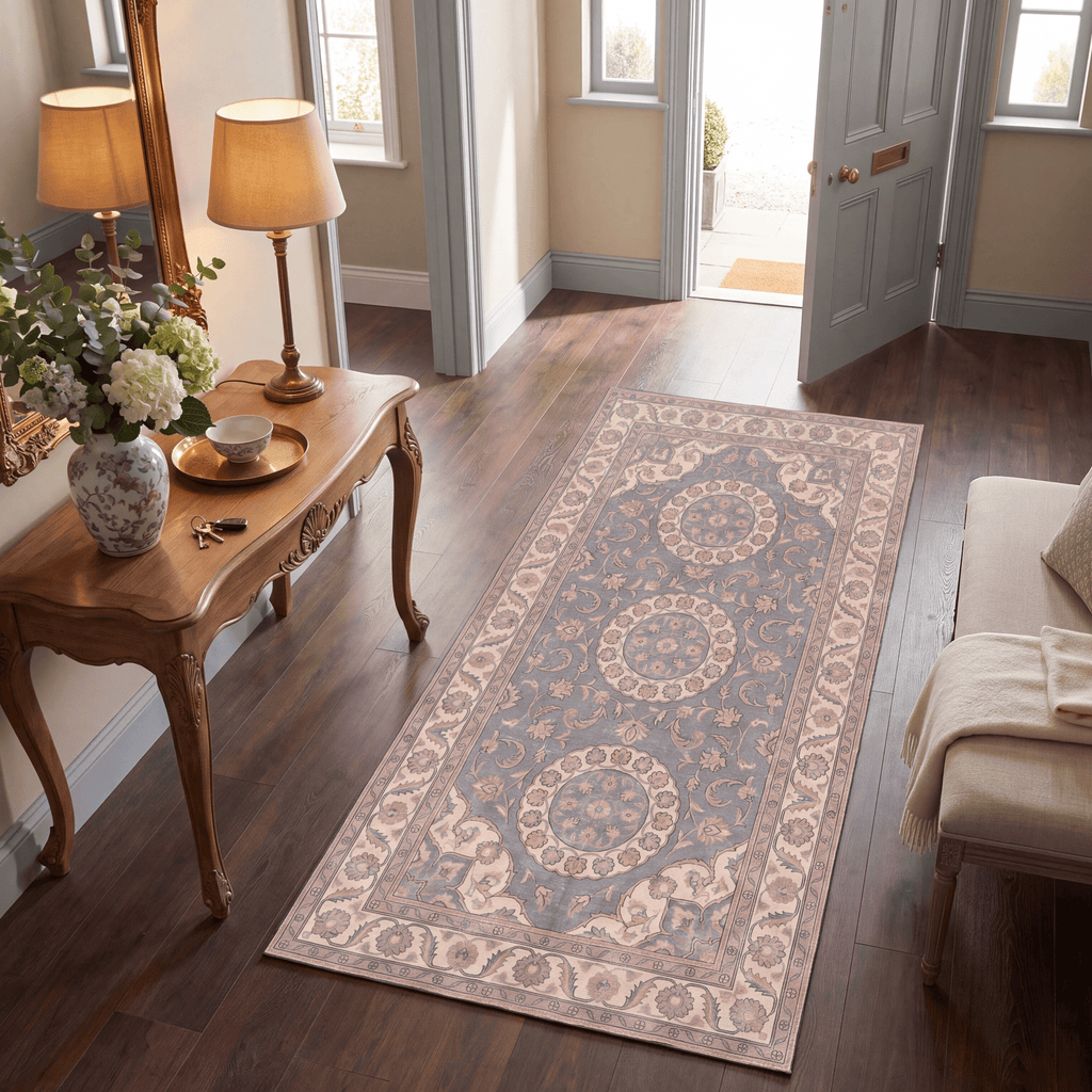 Coppice2 Traditional Medallion Border Slate Gray Bone Gold Washable Indoor Outdoor Entryway Rug - RugzellaDigital Print RugRugzellaRugzellaBBB411-RECT-24x47-60x120cmRGZLLA136231Rectangle2' x 3'11" (60x120 cm)RUNNER | Coppice2 runner entryway