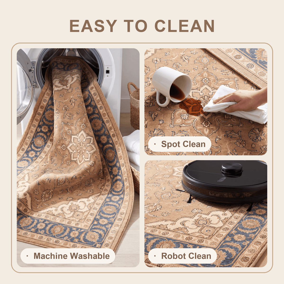 Coriander Traditional Oriental Style Medallion Camel Cream Indigo Washable Indoor Outdoor Entryway Rug - RugzellaDigital Print RugRugzellaRugzellaBBB529-RECT-24x47-60x120cmRGZLLA160351Rectangle2' x 3'11" (60x120 cm)SHARED | Coriander feature clean
