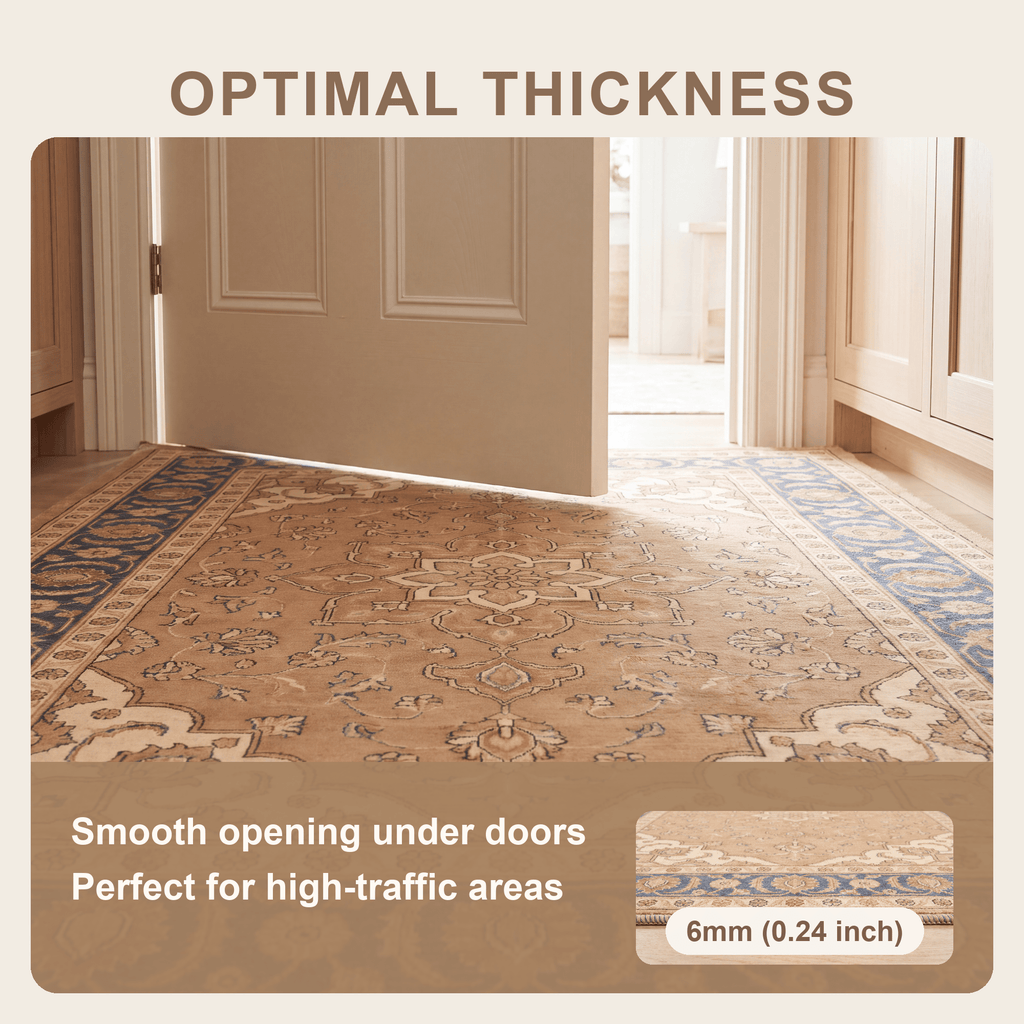 Coriander Traditional Oriental Style Medallion Camel Cream Indigo Washable Indoor Outdoor Entryway Rug - RugzellaDigital Print RugRugzellaRugzellaBBB529-RECT-24x47-60x120cmRGZLLA160351Rectangle2' x 3'11" (60x120 cm)SHARED | Coriander feature thickness