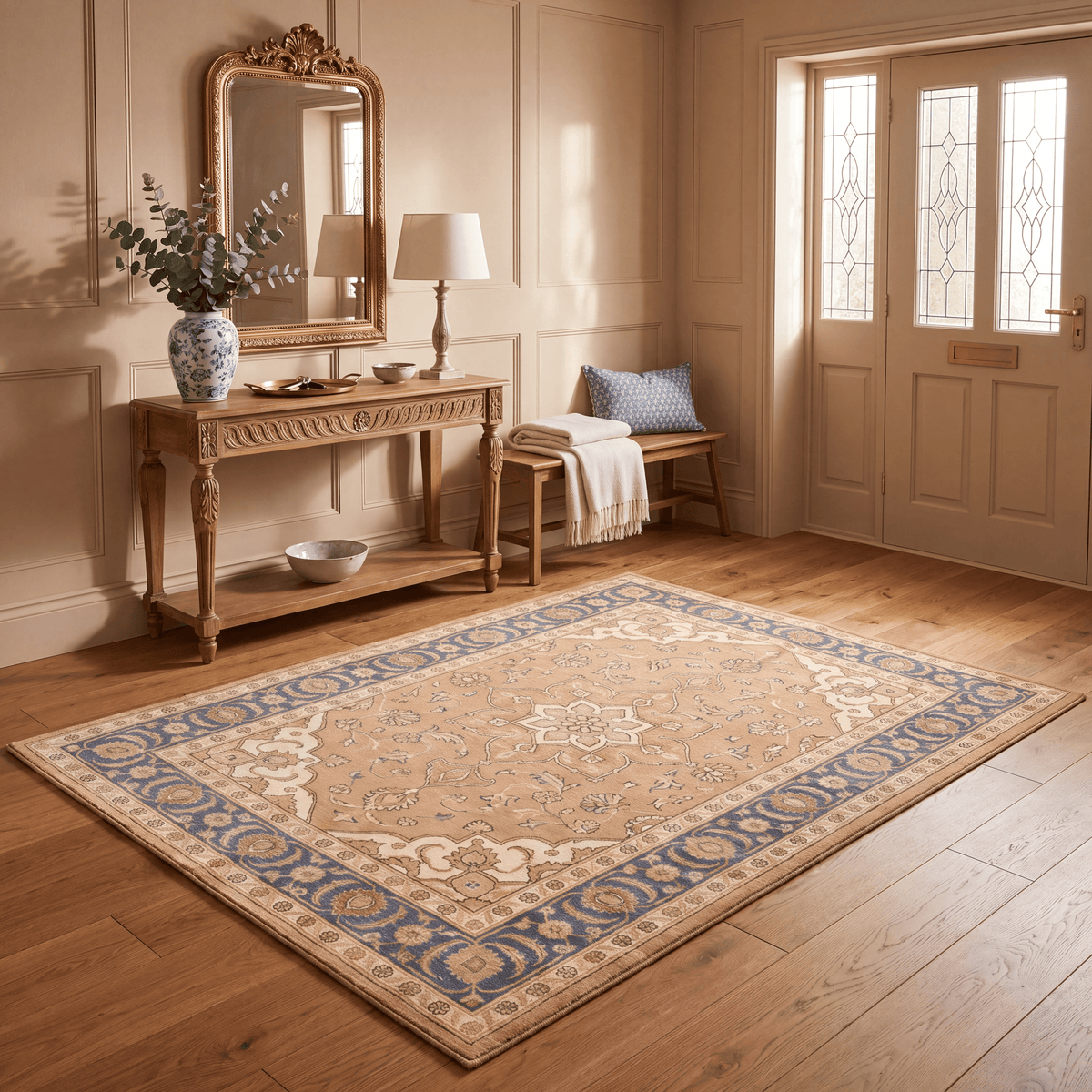 Coriander Traditional Oriental Style Medallion Camel Cream Indigo Washable Indoor Outdoor Entryway Rug - RugzellaDigital Print RugRugzellaRugzellaBBB529-RECT-24x47-60x120cmRGZLLA160351Rectangle2' x 3'11" (60x120 cm)RECTANGLE | Coriander rectangle entryway