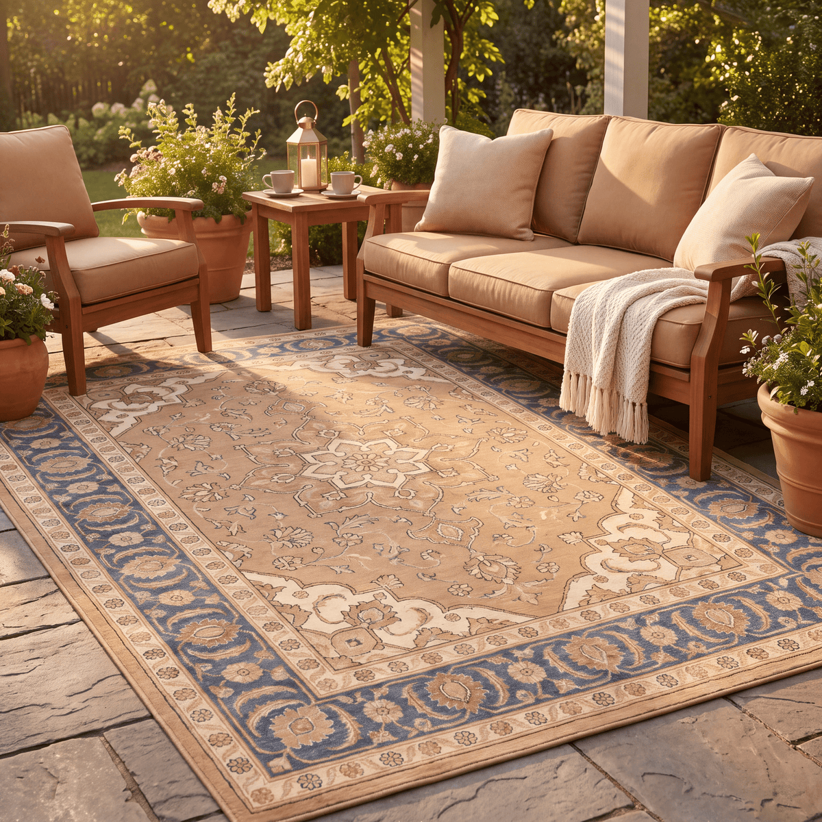 Coriander Traditional Oriental Style Medallion Camel Cream Indigo Washable Indoor Outdoor Entryway Rug - RugzellaDigital Print RugRugzellaRugzellaBBB529-RECT-24x47-60x120cmRGZLLA160351Rectangle2' x 3'11" (60x120 cm)RECTANGLE | Coriander rectangle outdoor