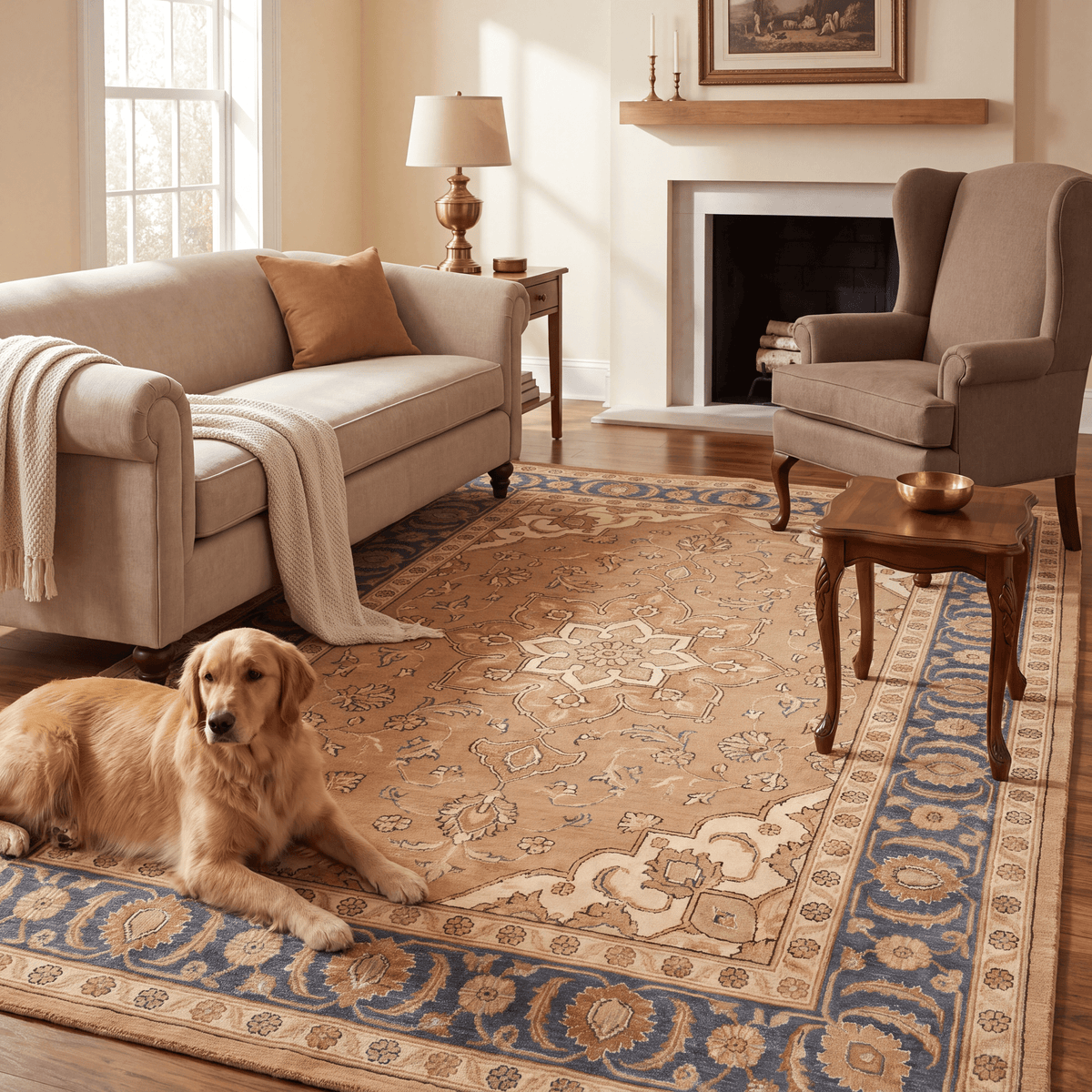 A dog resting on the rug in a living room.