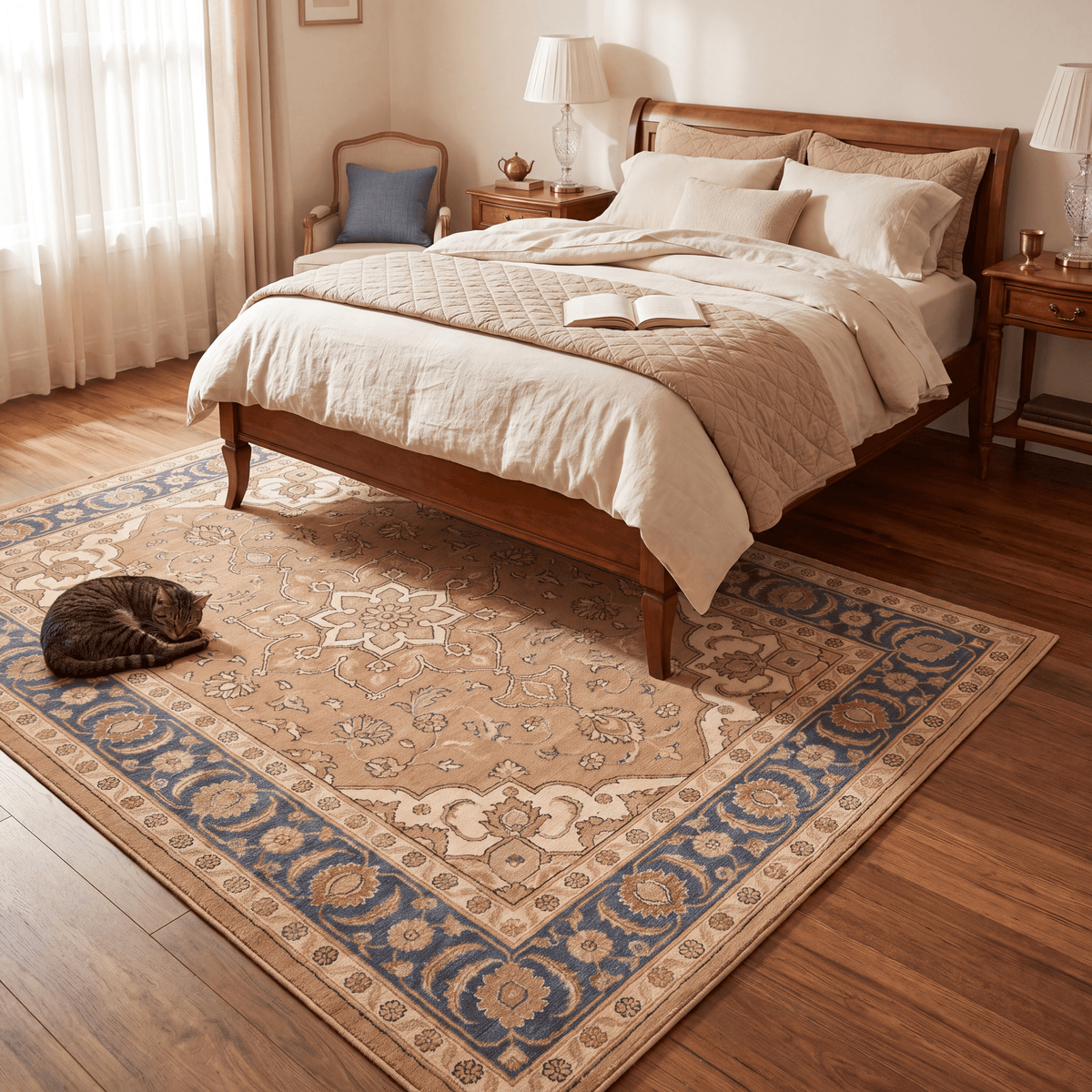 The rug at the foot of a bed with a cat asleep on it.