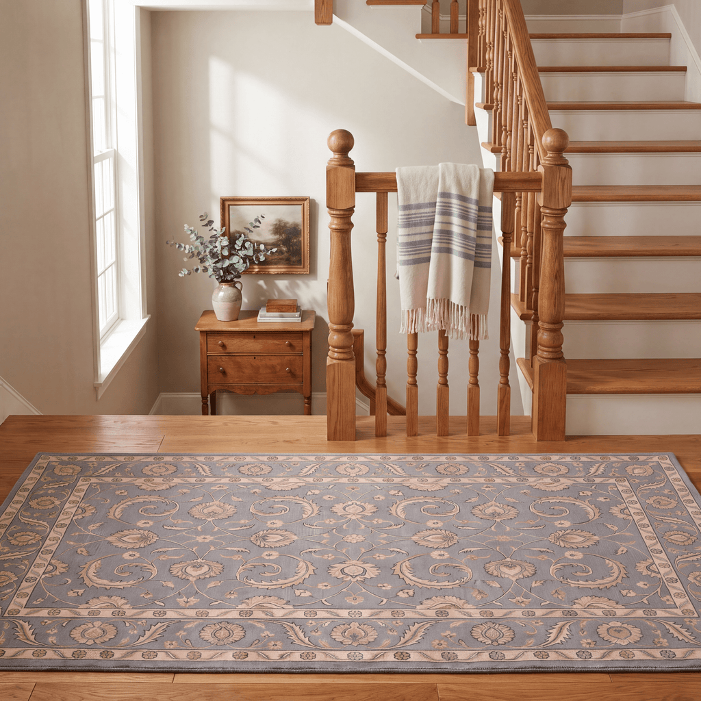 Courtyard2 Traditional Floral Border Slate Gray Bone Gold Washable Indoor Outdoor Entryway Rug - RugzellaDigital Print RugRugzellaRugzellaBBB402-RECT-24x47-60x120cmRGZLLA116466Rectangle2' x 3'11" (60x120 cm)RUNNER | Courtyard2 runner staircase
