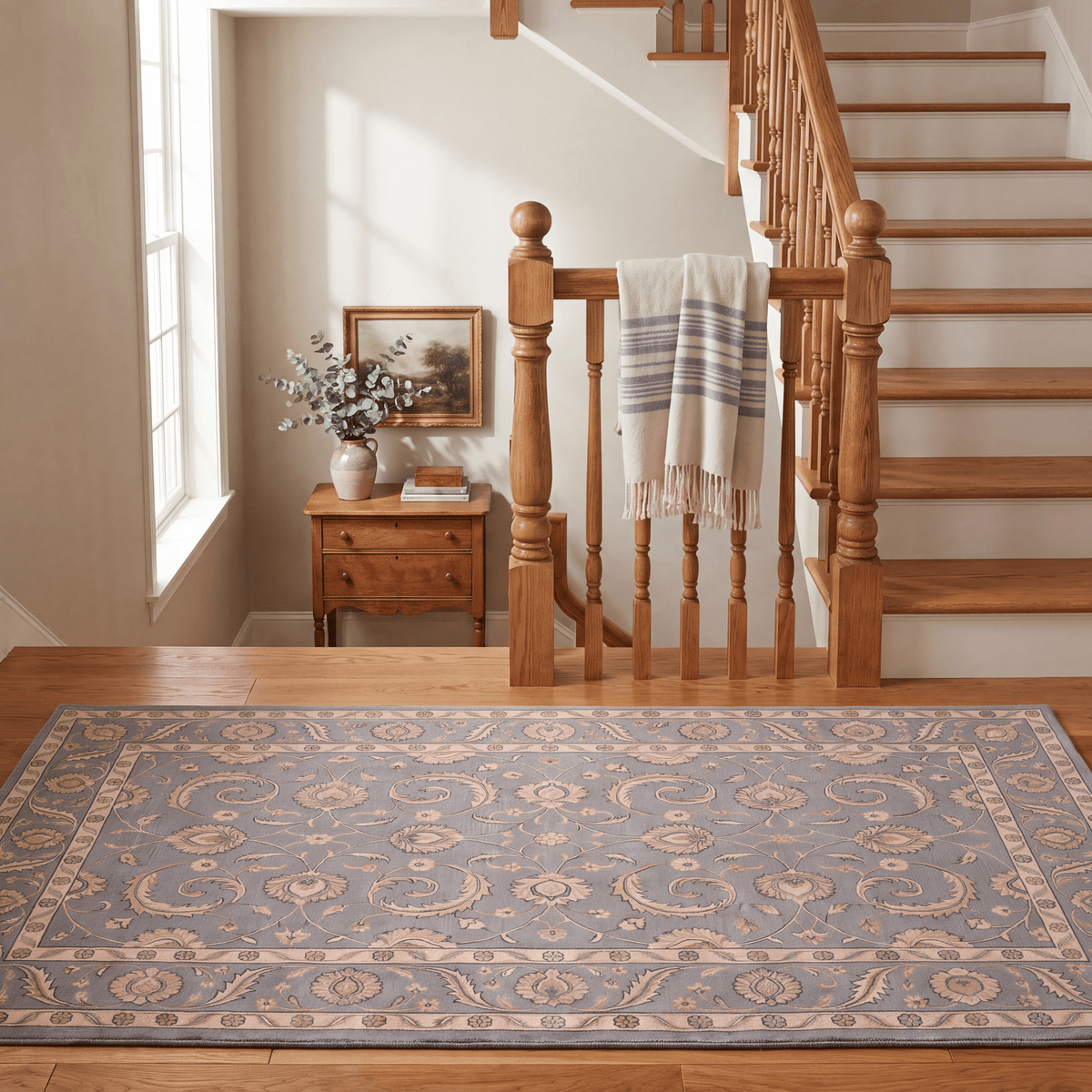 Courtyard2 Traditional Floral Border Slate Gray Bone Gold Washable Indoor Outdoor Entryway Rug - RugzellaDigital Print RugRugzellaRugzellaBBB402-RECT-24x47-60x120cmRGZLLA116466Rectangle2' x 3'11" (60x120 cm)RUNNER | Courtyard2 runner staircase