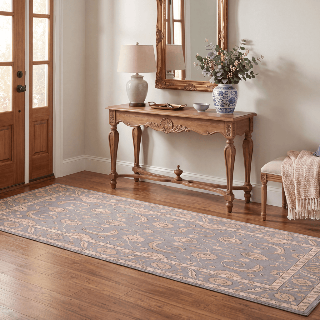 Courtyard2 Traditional Floral Border Slate Gray Bone Gold Washable Indoor Outdoor Entryway Rug - RugzellaDigital Print RugRugzellaRugzellaBBB402-RECT-24x47-60x120cmRGZLLA116466Rectangle2' x 3'11" (60x120 cm)RUNNER | Courtyard2 runner entryway
