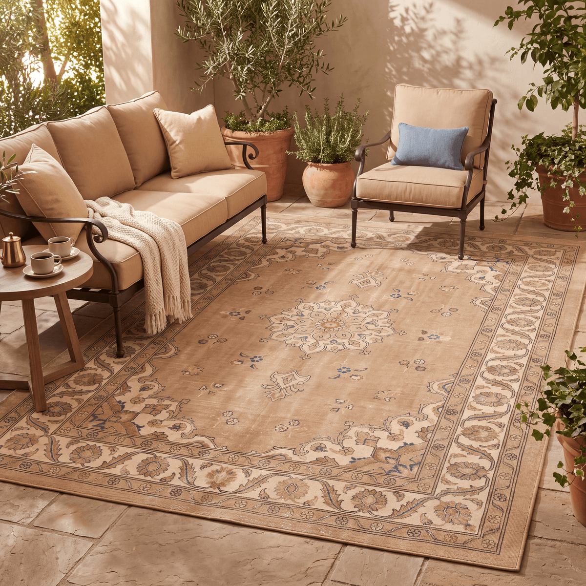 Cowbane Traditional Medallion Border Camel Cream Indigo Washable Indoor Outdoor Entryway Rug - RugzellaDigital Print RugRugzellaRugzellaBBB530-RECT-24x47-60x120cmRGZLLA160686Rectangle2' x 3'11" (60x120 cm)RECTANGLE | Cowbane rectangle outdoor