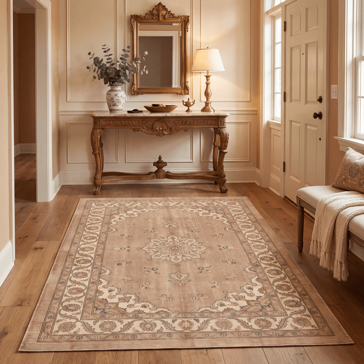Cowbane Traditional Medallion Border Camel Cream Indigo Washable Indoor Outdoor Entryway Rug - RugzellaDigital Print RugRugzellaRugzellaBBB530-RECT-24x47-60x120cmRGZLLA160686Rectangle2' x 3'11" (60x120 cm)RECTANGLE | Cowbane rectangle entryway
