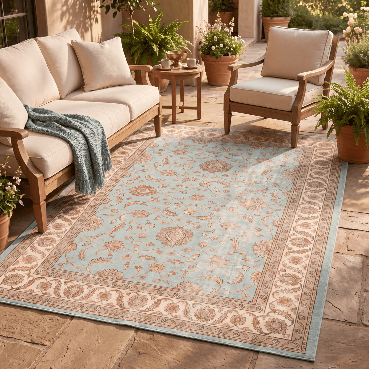 The rug laid flat on a patio beside outdoor seating.