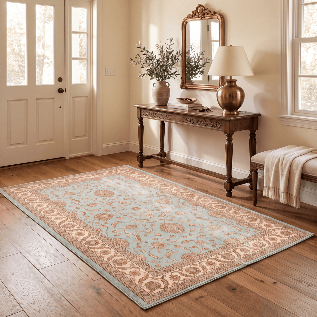 Cowparsley Traditional Distressed Medallion Teal Ivory Rust Washable Indoor Outdoor Entryway Rug - RugzellaDigital Print RugRugzellaRugzellaBBB531-RECT-24x47-60x120cmRGZLLA161021Rectangle2' x 3'11" (60x120 cm)RECTANGLE | Cowparsley rectangle entryway