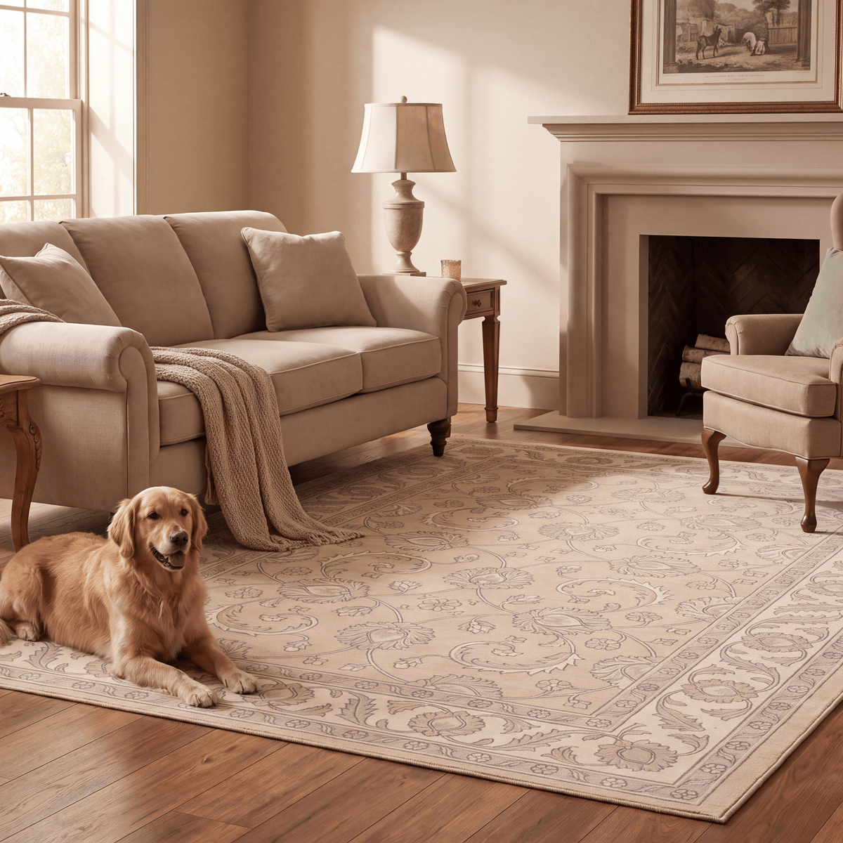 A dog resting on the rug in a living room.
