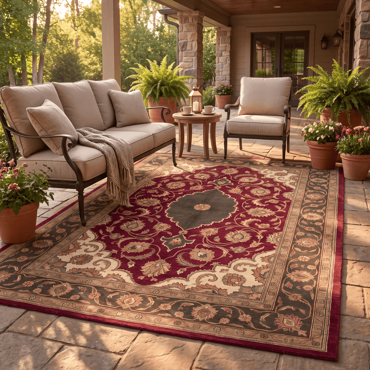 The rug laid flat on a patio beside outdoor seating.