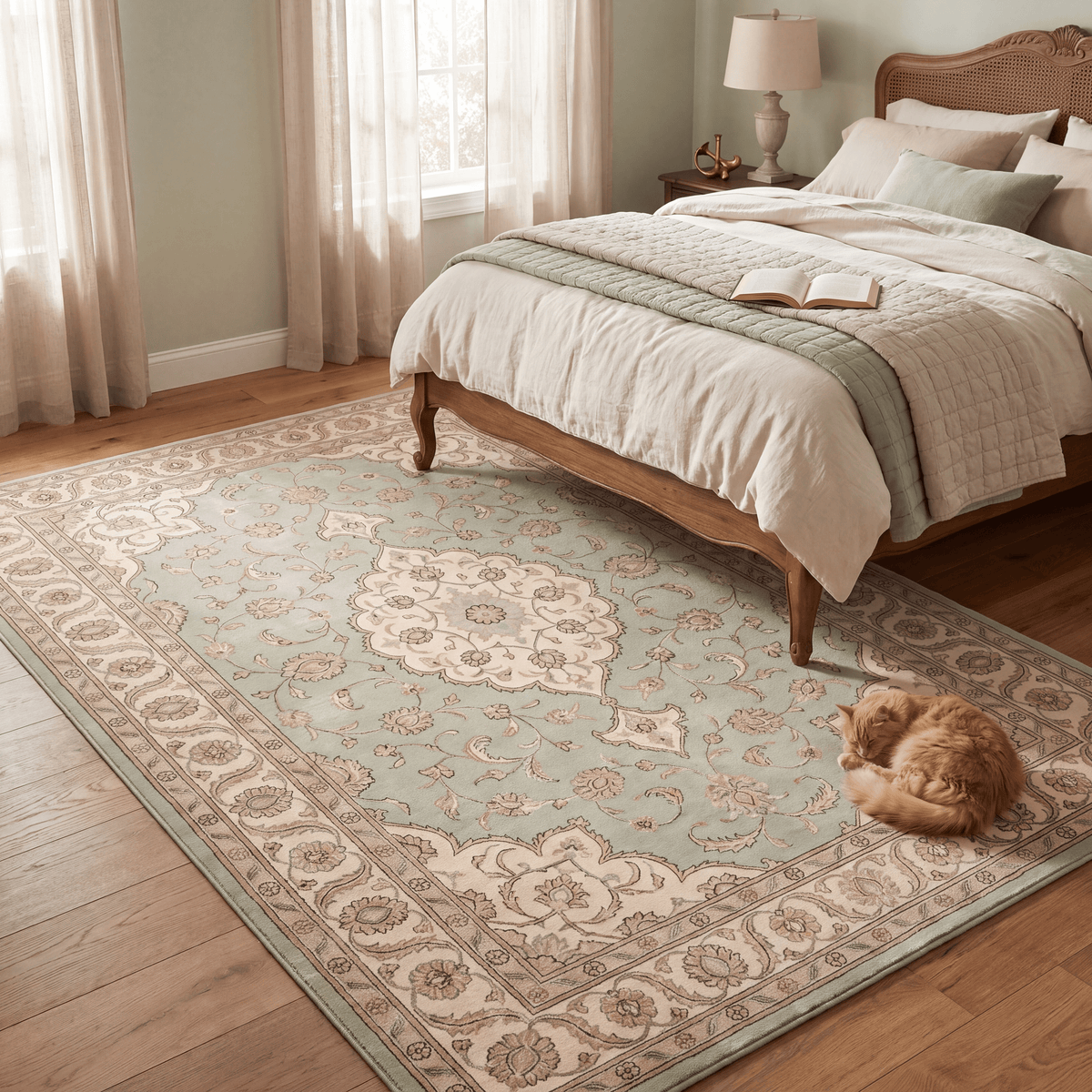 The rug at the foot of a bed with a cat asleep on it.