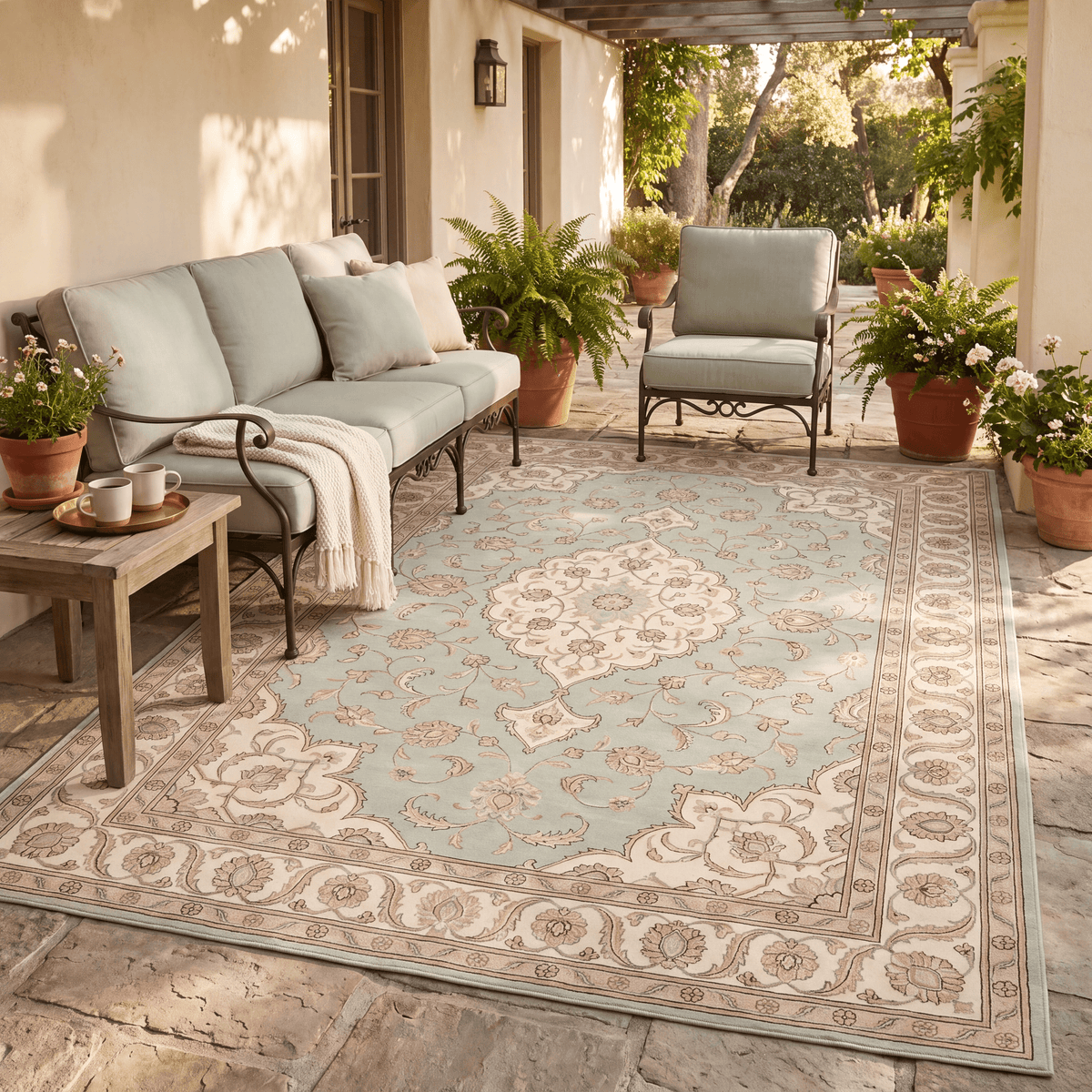 The rug laid flat on a patio beside outdoor seating.