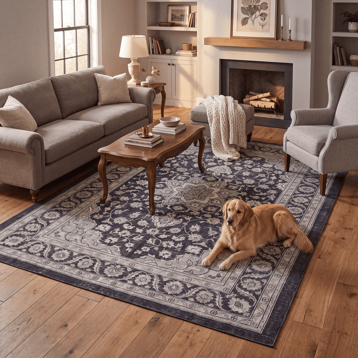 A dog resting on the rug in a living room.
