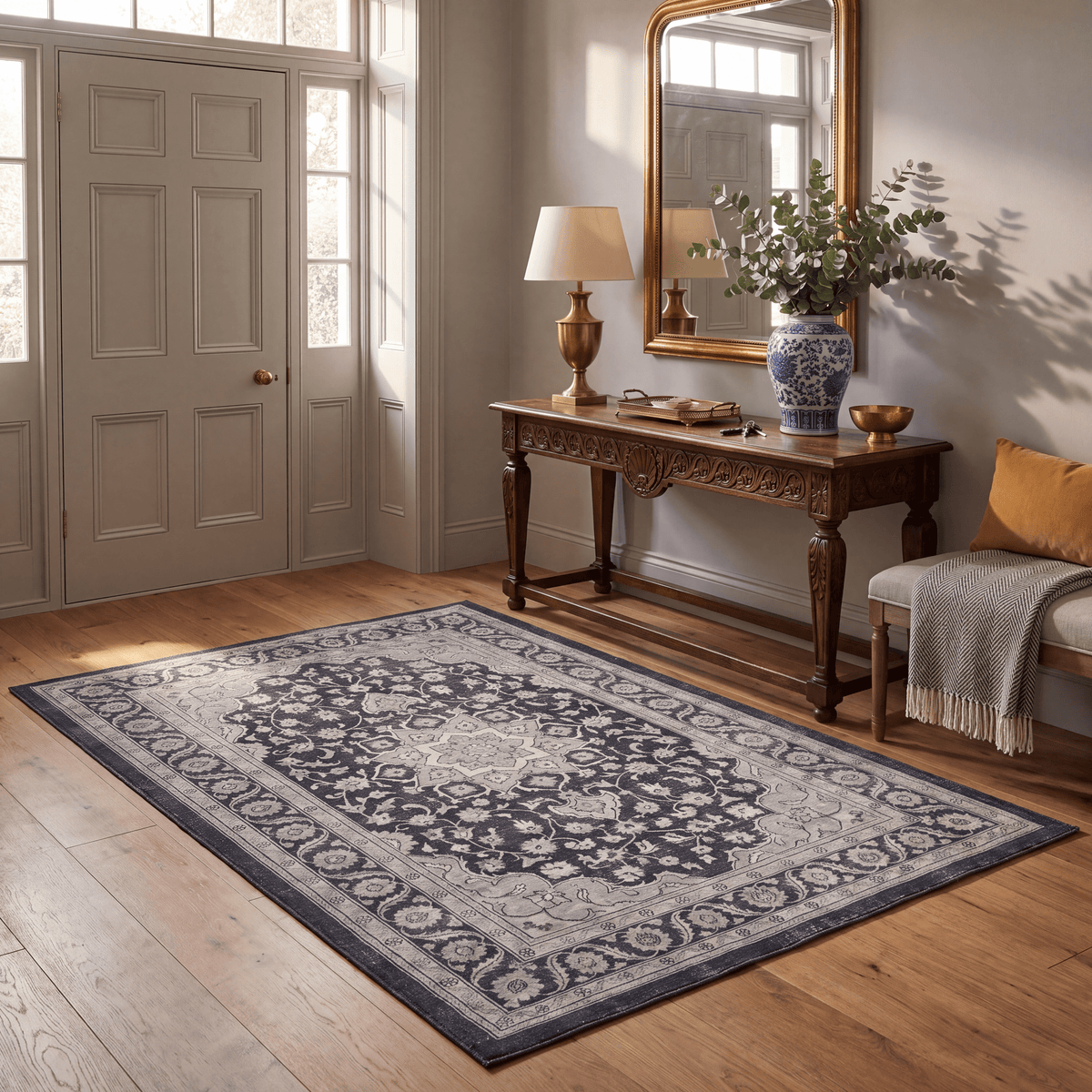 Cuckooflower Traditional Distressed Medallion Charcoal Pewter Ivory Washable Indoor Outdoor Entryway Rug - RugzellaDigital Print RugRugzellaRugzellaBBB535-RECT-24x47-60x120cmRGZLLA162026Rectangle2' x 3'11" (60x120 cm)RECTANGLE | Cuckooflower rectangle entryway