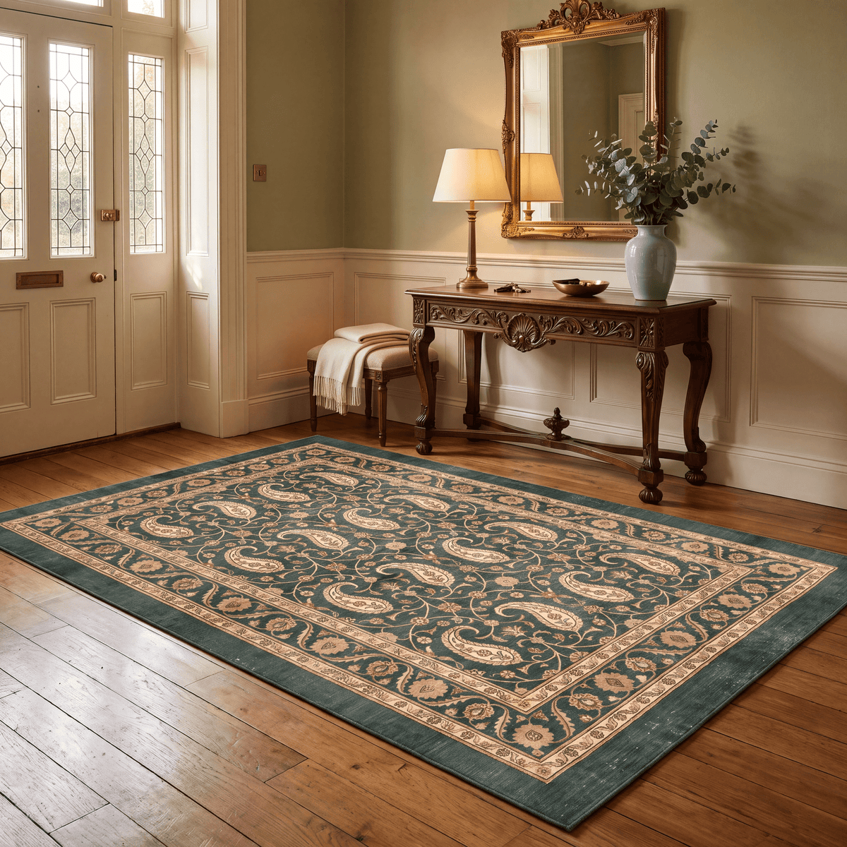 Cudweed Traditional Floral Border Forest Green Gold Cream Washable Indoor Outdoor Entryway Rug - RugzellaDigital Print RugRugzellaRugzellaBBB536-RECT-24x47-60x120cmRGZLLA162361Rectangle2' x 3'11" (60x120 cm)RECTANGLE | Cudweed rectangle entryway