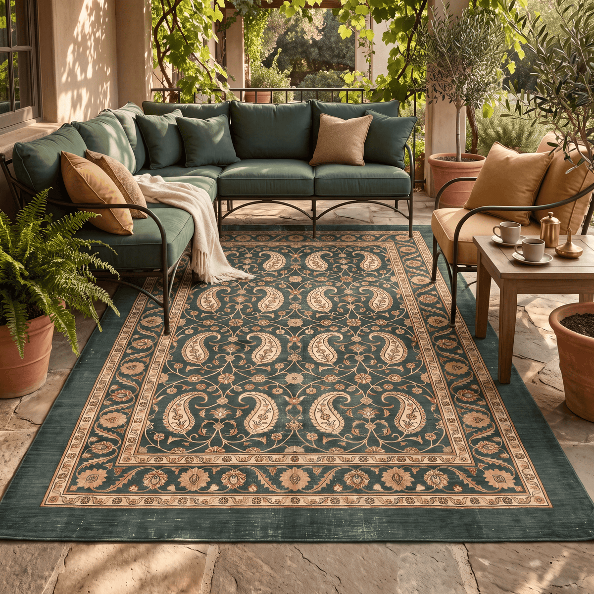 The rug laid flat on a patio beside outdoor seating.