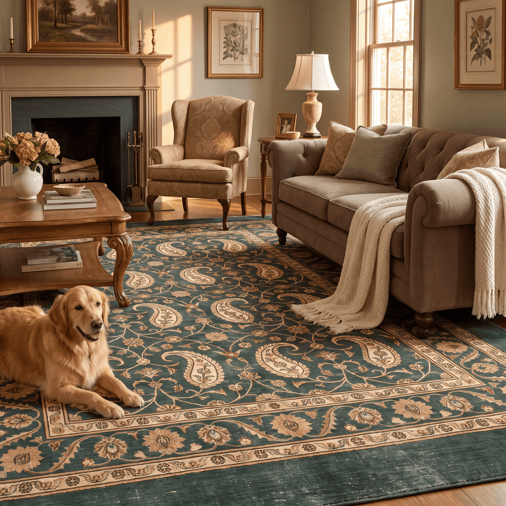 Cudweed Traditional Floral Border Forest Green Gold Cream Washable Indoor Outdoor Entryway Rug - RugzellaDigital Print RugRugzellaRugzellaBBB536-RECT-24x47-60x120cmRGZLLA162361Rectangle2' x 3'11" (60x120 cm)RECTANGLE | Cudweed rectangle livingroom