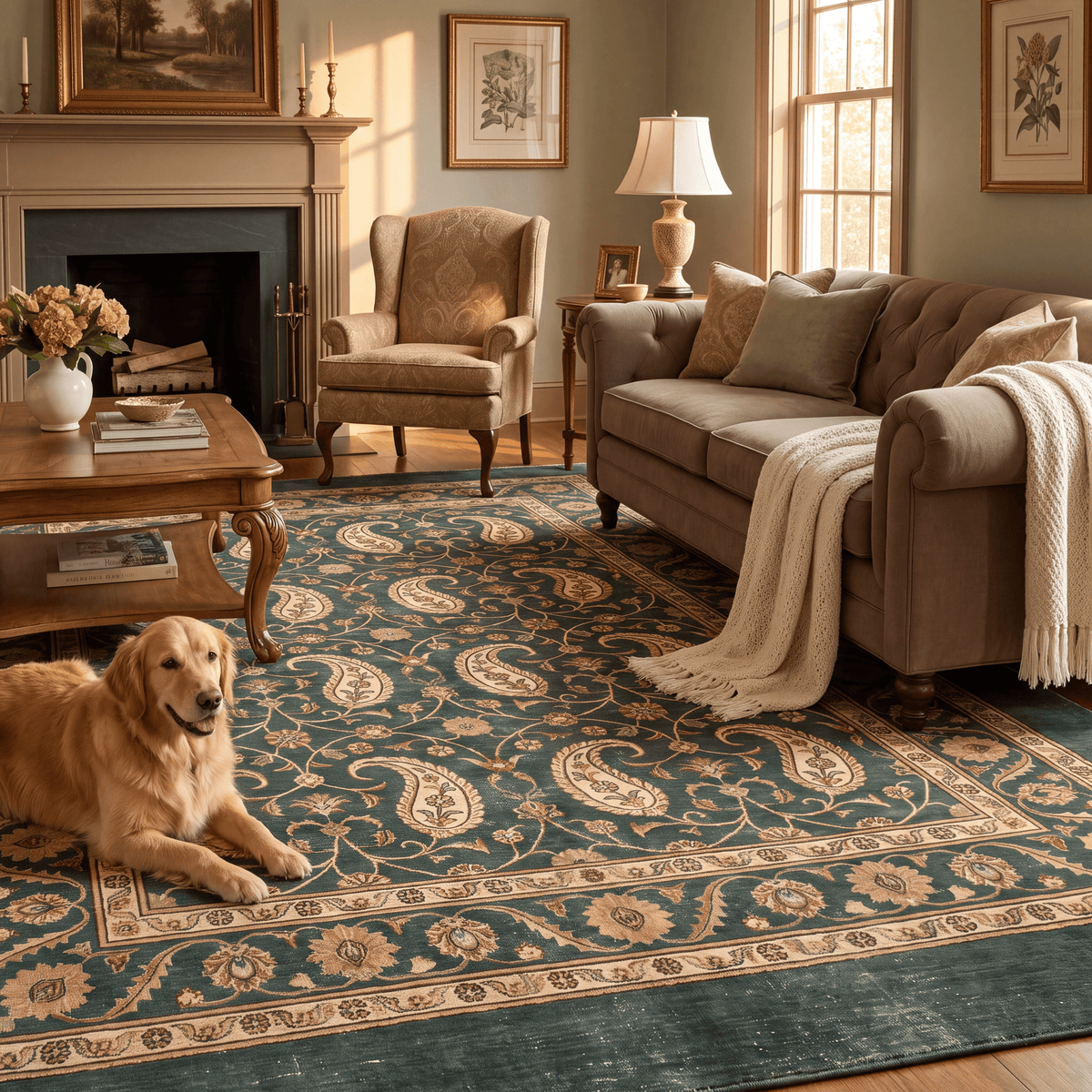 A dog resting on the rug in a living room.