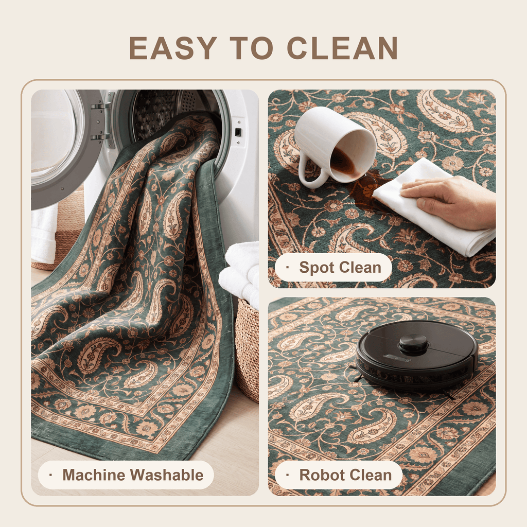 Cudweed Traditional Floral Border Forest Green Gold Cream Washable Indoor Outdoor Entryway Rug - RugzellaDigital Print RugRugzellaRugzellaBBB536-RECT-24x47-60x120cmRGZLLA162361Rectangle2' x 3'11" (60x120 cm)SHARED | Cudweed feature clean