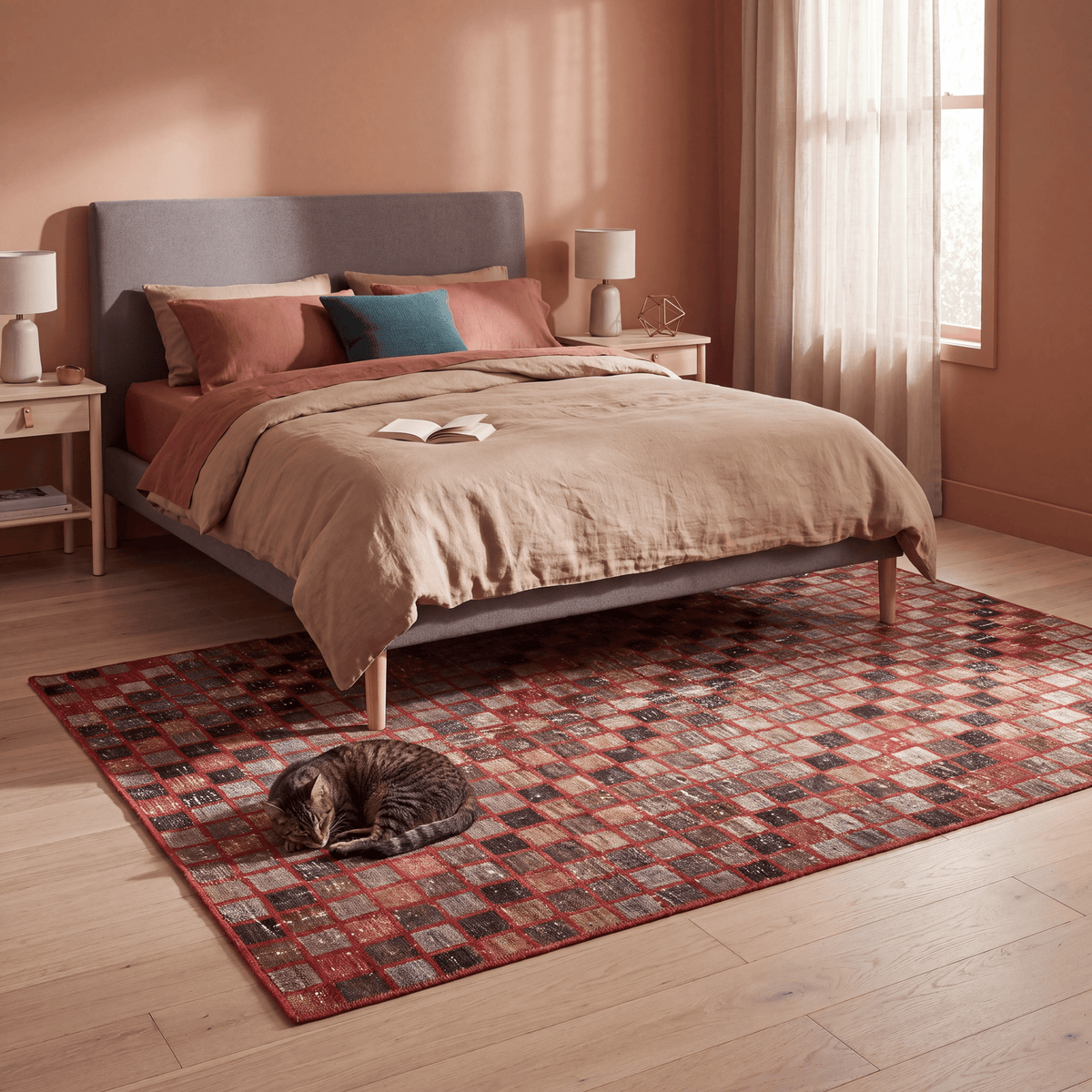 The rug at the foot of a bed with a cat asleep on it.